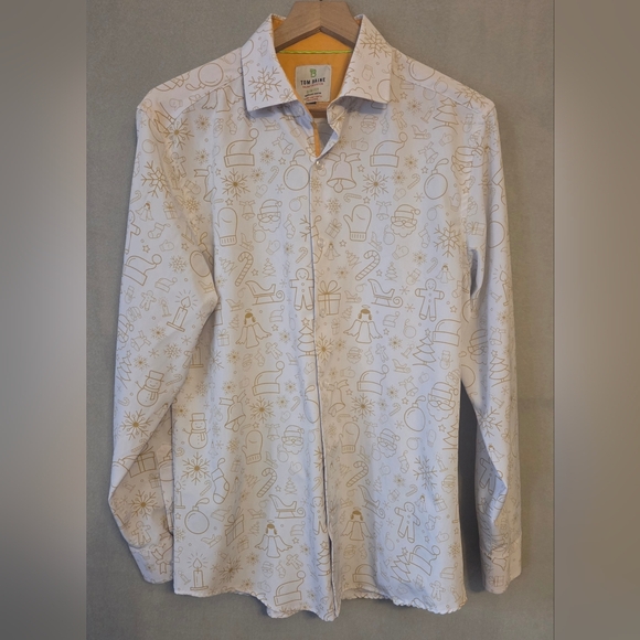 Tom Baine Other - Tom Baine Mens White and Gold Holiday Patterned Button Up Shirt. Size L Slim